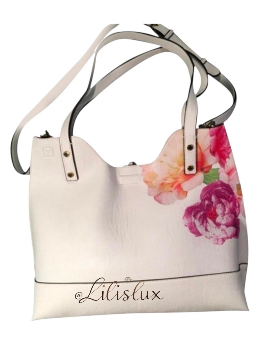 NWT Calvin Klein Reversible Tote White W/ Peonies And Tan On Reverse Gold Detail
